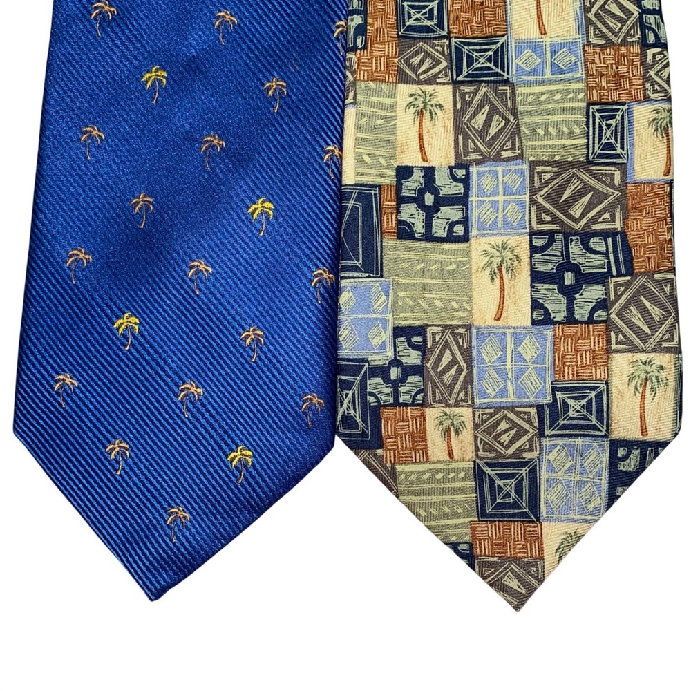 Tango Tommy Bahama Silk Tie Bundle 2pc Blue Palm Tree Patchwork Tropical Vintage